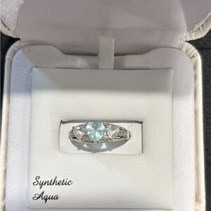 Sterling Silver Aquamarine & Lab created white Sapphire heart ring, like new